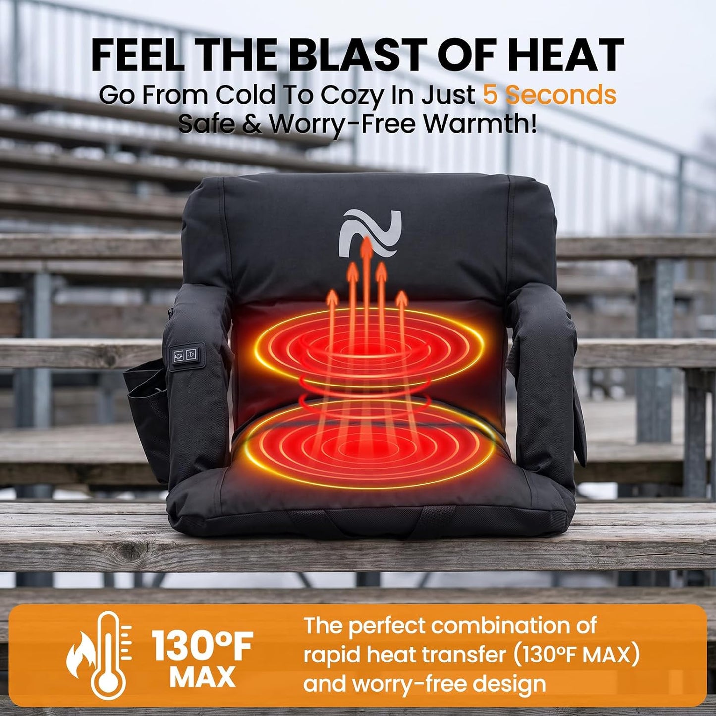 25in 5.12" Extra Thick&Wide Heated Stadium Seat for Bleachers | Sofa Style Design Thick Bleacher Chair With Back and Comfy Cushion, 6 Reclining Positions, 3 Heat Levels (NO Battery)