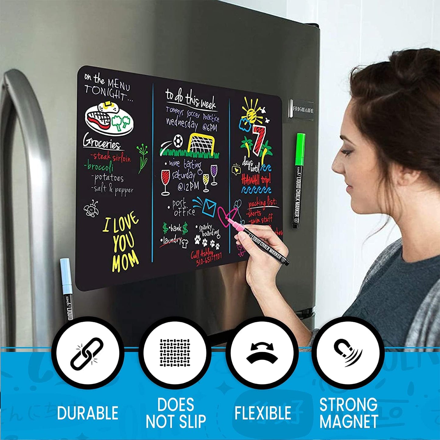 Black Magnetic Dry Erase Board for Fridge with 4 Neon Markers | Magnetic Board for Refrigerator, Magnetic Refrigerator Organizer & Planner for Daily Use