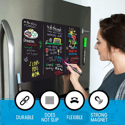 Black Magnetic Dry Erase Board for Fridge with 4 Neon Markers | Magnetic Board for Refrigerator, Magnetic Refrigerator Organizer & Planner for Daily Use