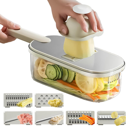 Multifunctional Vegetable Slicer Grater with 6 Blades, Cheese Grater Hand Crank,Hand Guard & Storage Container, Drain Basket, Kitchen Chopping Shredder for Potato Carrot Cheese