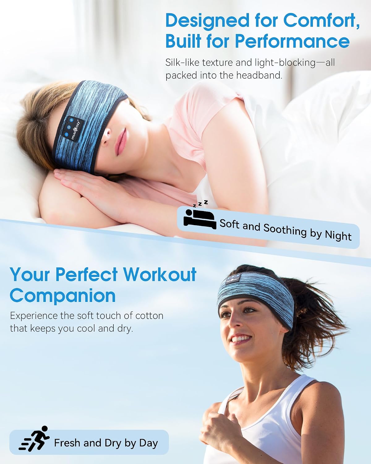MUSICOZY Sleep Headphones Bluetooth Headband Headphones for Side Sleepers | Sleeping Headbands Wireless Sports Earphones Sweat Resistant Earbuds for Workout Running Cool Gadgets Unique Gifts for Women