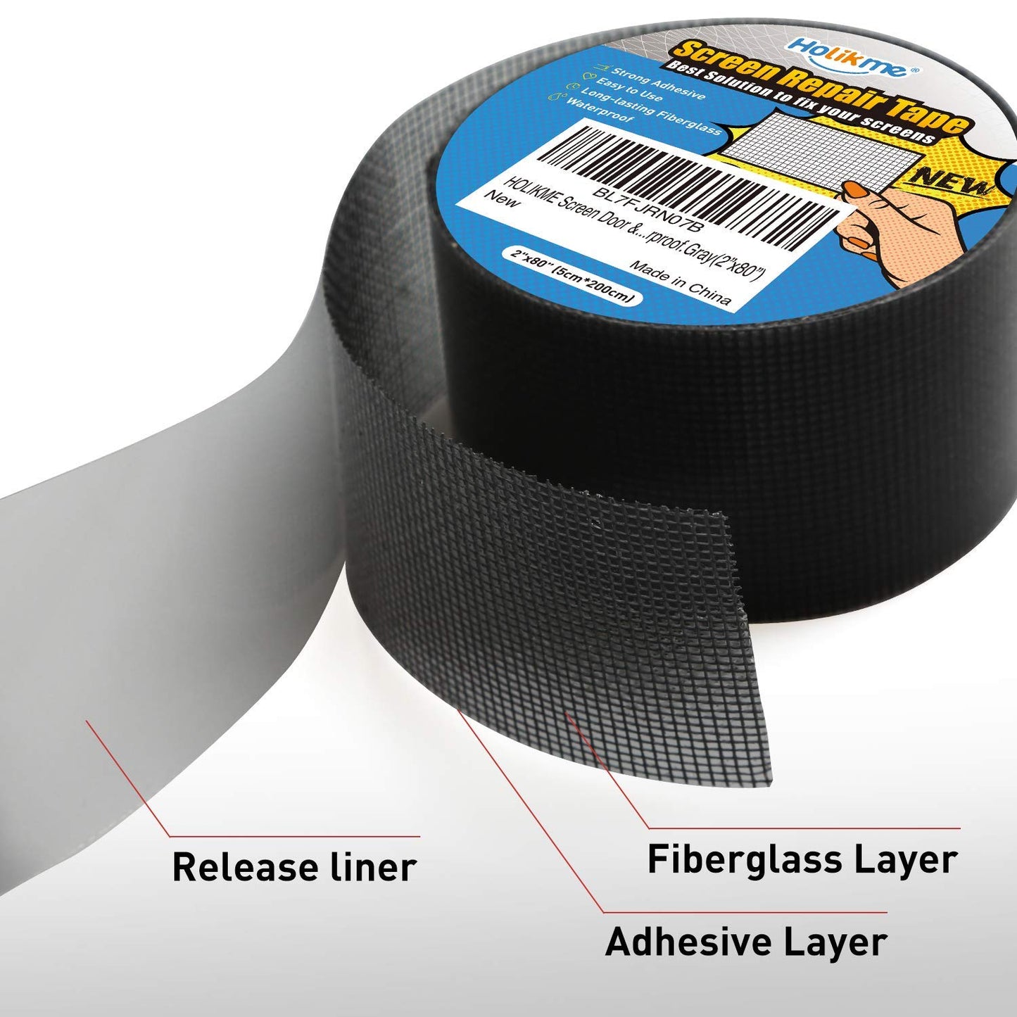 Holikme Window Screen Repair Tape, Door Window Fly Lanai Screen Repair kit Patch Tape Strong Adhesive Long Lasting Fiberglass Covering Wire Mesh Repair Tape Seal for Repair Holes Tears 2"W×80"L, Grey