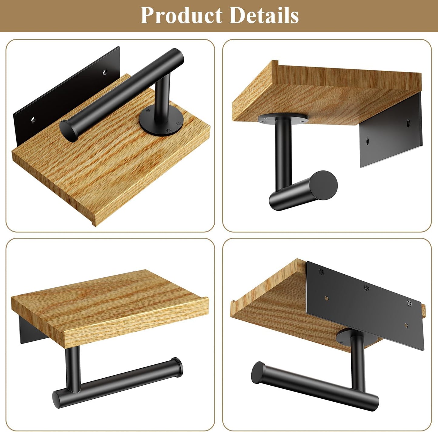 Tindbea Toilet Paper Holder with Wood Shelf, Wooden Wall Mount Tissue Paper Roll Holder, Matte Black Stainless Steel Bathroom Accessories Decor Household Home Apartment Restroom Essentials (Walnut)