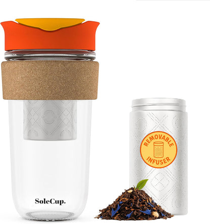 Large Travel Mug Loose Tea Infuser - Detachable Tea Strainer with Spill Proof Lid - 18oz/530ml BPA-Free Reusable Glass Travel Coffee Cup with Cork Band (Pink, 18oz)