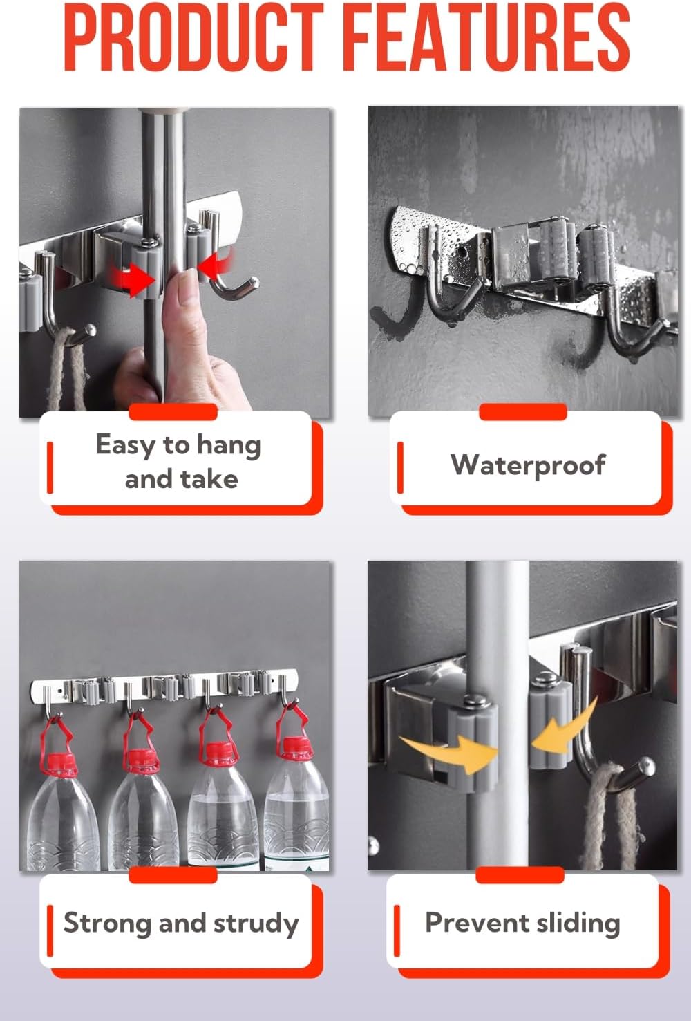 Mop and Broom Holder Wall Mount, Upgraded Broom Hanger Wall Mount, Stainless Steel Broom Organizer for Closet Garage Laundry Room Kitchen Wall Decor(3Racks 4Hooks Black)