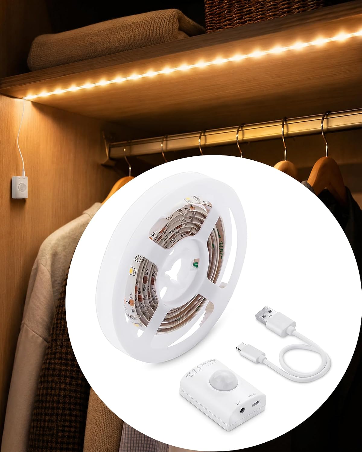 Rechargeable Motion Sensor LED Strip for Cabinet (2Pack-6.6FT, Cool White) | Motion Activated, 1500mAh Battery, Cuttable, Auto On/Off, Self-Adhesive, for Kitchen, Stairwell, Hallway, Garage, Basement