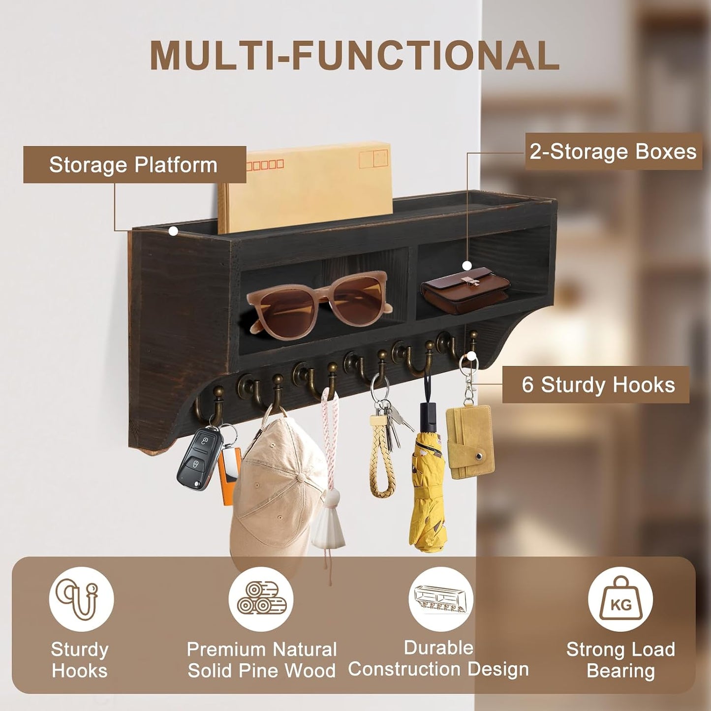 Key Holder Wall Mount with Mail Organizer, 6 Hooks & Shelf, Brown | Wood Key Holder Wall Mount with 6 Key Hooks, Shelf & Storage Box and Mail Organizer for Entryway, Apartment, Home and Office
