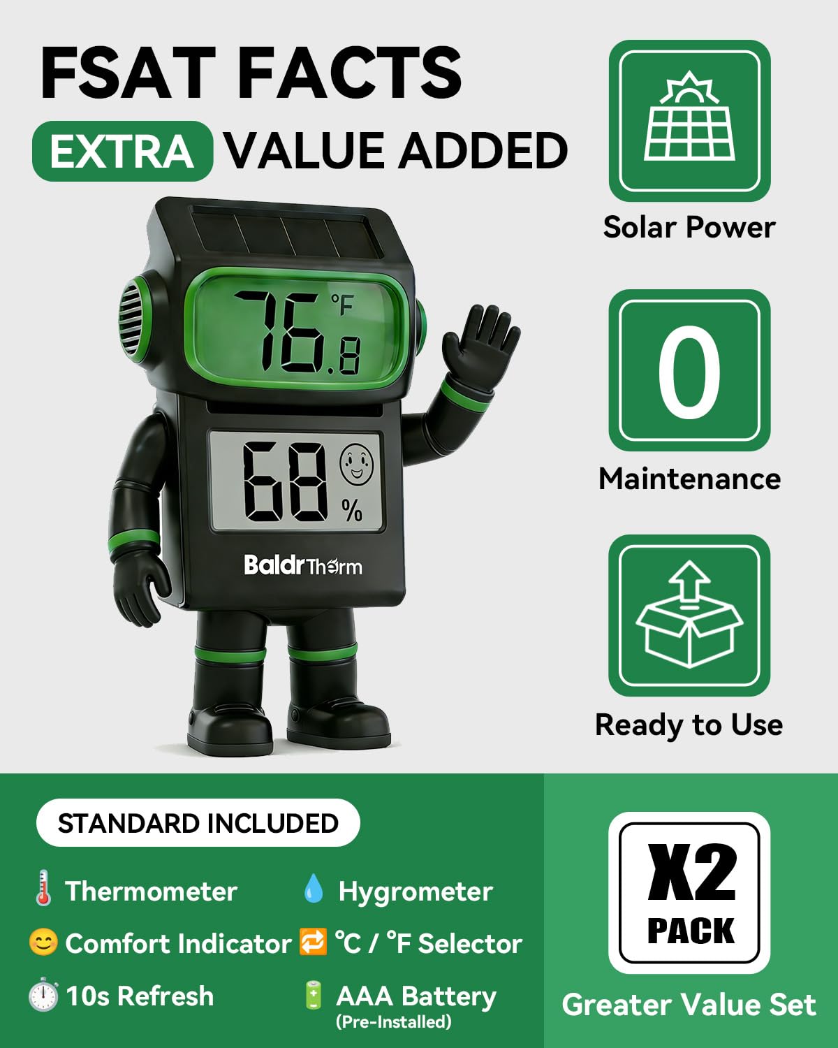 BALDR 4-Pack Digital Hygrometer Thermometer, Solar Humidity Monitor (White) | No Setup Needed,Solar Power with Battery Backup,10s Data Refresh,Comfort Indicator Meter for Home Bedroom Greenhouse Office