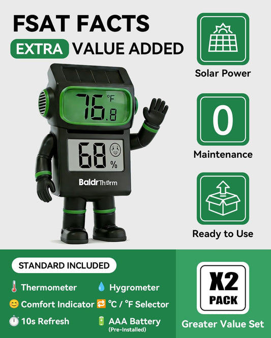 BALDR 4-Pack Digital Hygrometer Thermometer, Solar Humidity Monitor (White) | No Setup Needed,Solar Power with Battery Backup,10s Data Refresh,Comfort Indicator Meter for Home Bedroom Greenhouse Office