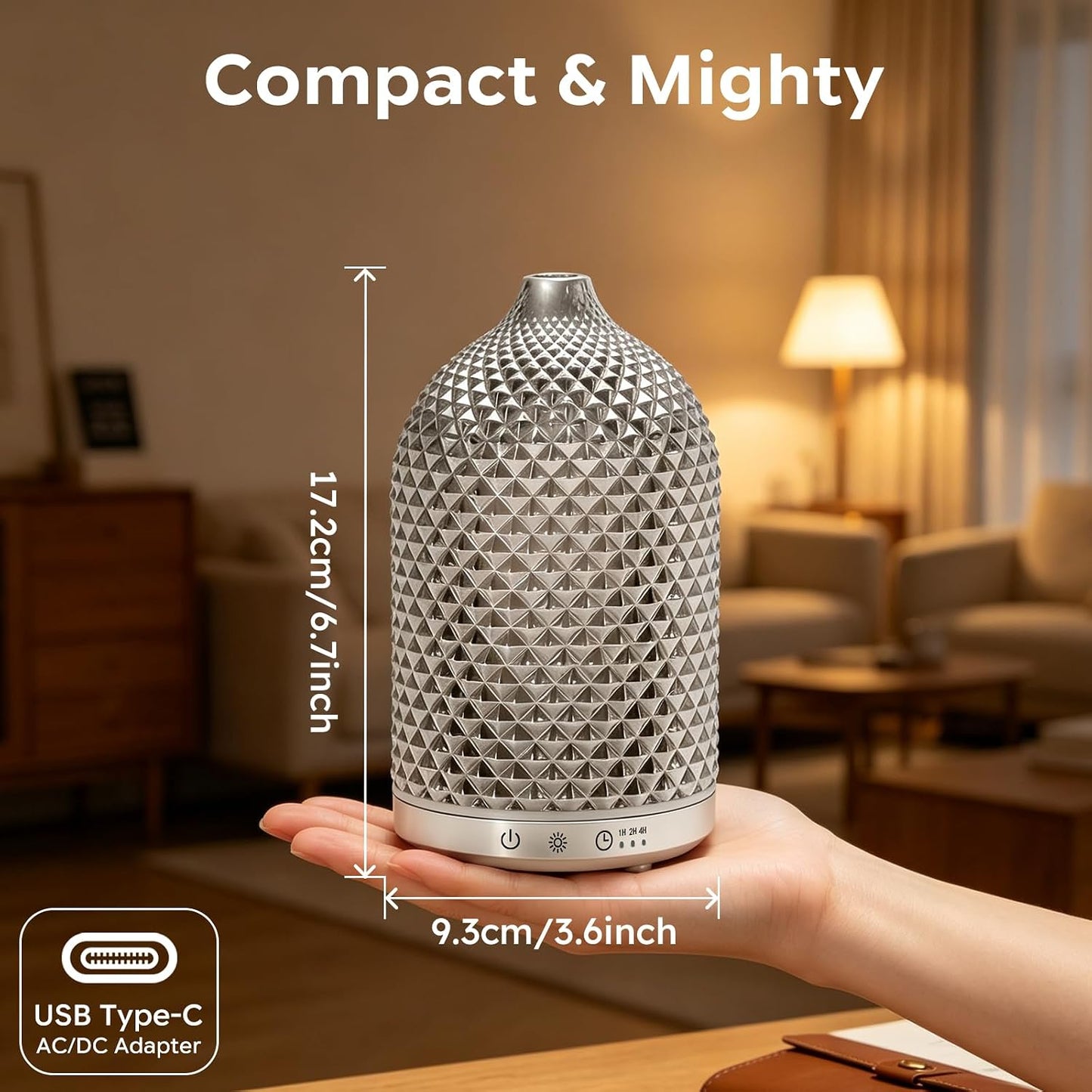 Essential Oil Diffuser 150ml, Glass Diffuser with Ultrasonic Small Humidifier, 7 Color Lights, 1/2/4H Timer, Quiet Auto Shut-Off Oil Diffuser for Bedroom, Home, Office (Silvery)