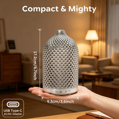 Essential Oil Diffuser 150ml, Glass Diffuser with Ultrasonic Small Humidifier, 7 Color Lights, 1/2/4H Timer, Quiet Auto Shut-Off Oil Diffuser for Bedroom, Home, Office (Silvery)
