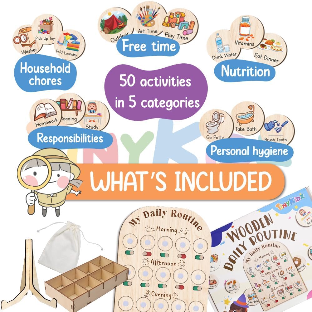 Daily Routine Chart for Kids, Visual Schedule, Routine Chart for Toddlers 3-5, Morning Bedtime Routine Chart for Toddlers, Wooden Chore Chart for Kids
