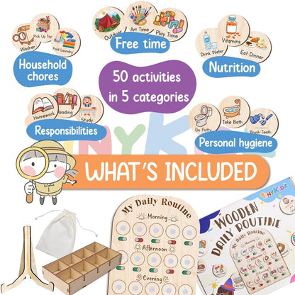 Daily Routine Chart for Kids, Visual Schedule, Routine Chart for Toddlers 3-5, Morning Bedtime Routine Chart for Toddlers, Wooden Chore Chart for Kids