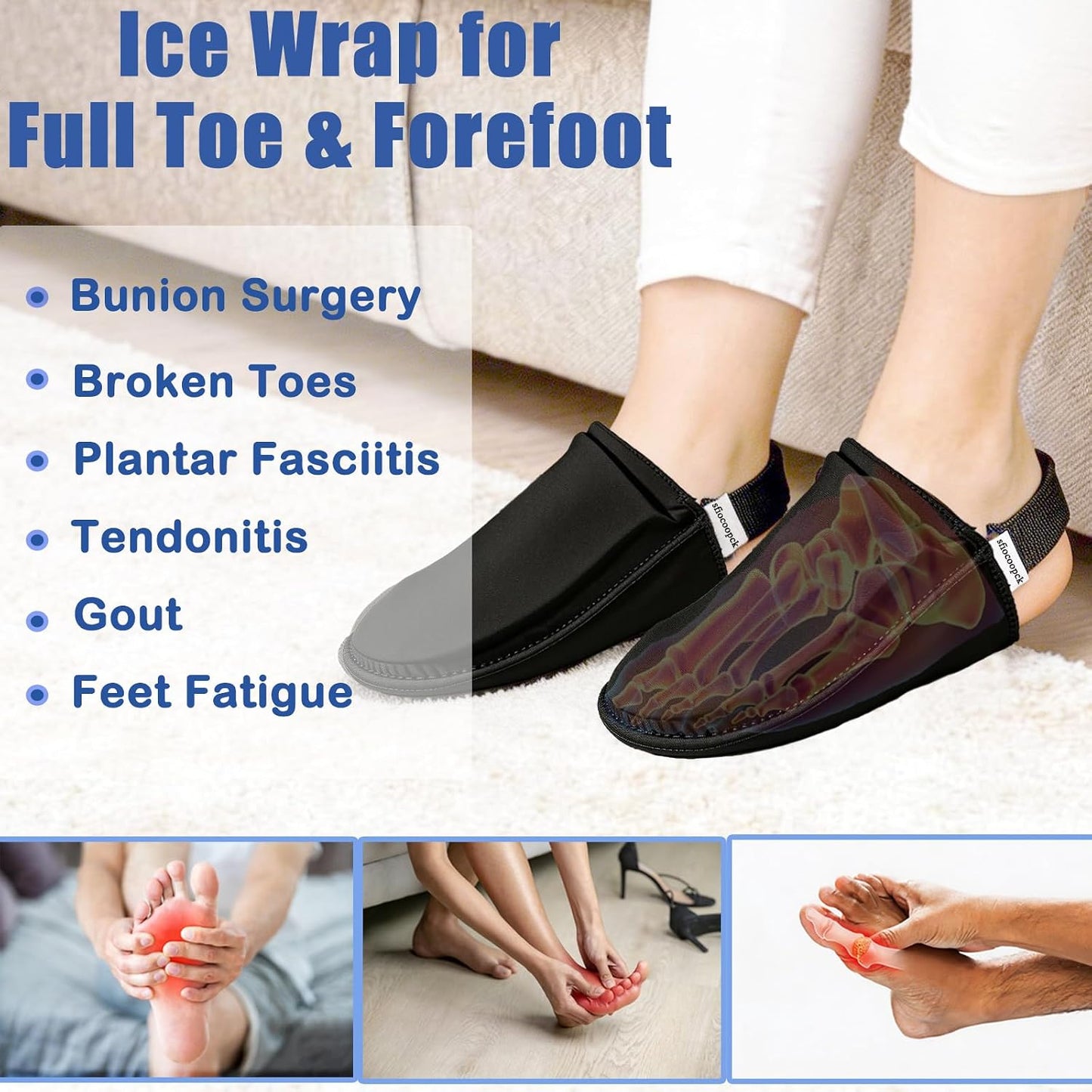 Toe Ice Pack for Pain Relief, Ice Packs for Toes and Forefoot, Flexible Cooling Packs for Broken Toes & Surgery Recovery, Bunion Discomfort, Adjustable Strap, External Seam Design, 2PK