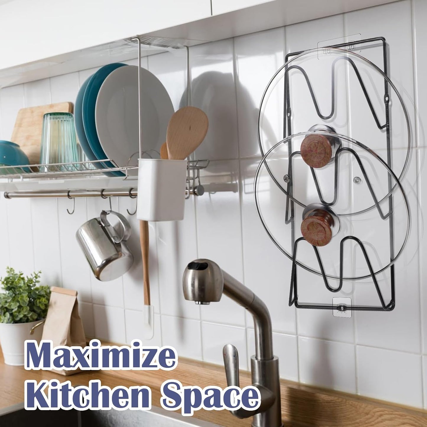 4-Pack Pot Lid Organizer – Heavy-Duty Metal Total 12 Tier Lid Rack for Cabinet, Wall, or Door, No-Drill Adhesive Mount – Space-Saving Kitchen Storage (Black)