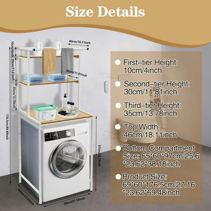 Washer and Dryer Storage Rack, 3 Tier Over The Washer and Dryer Storage Shelf, Bathroom Space Saving Organizer Shelves Space Saver Standing Rack for Bathrooms, Laundry Rooms (White+ Log)
