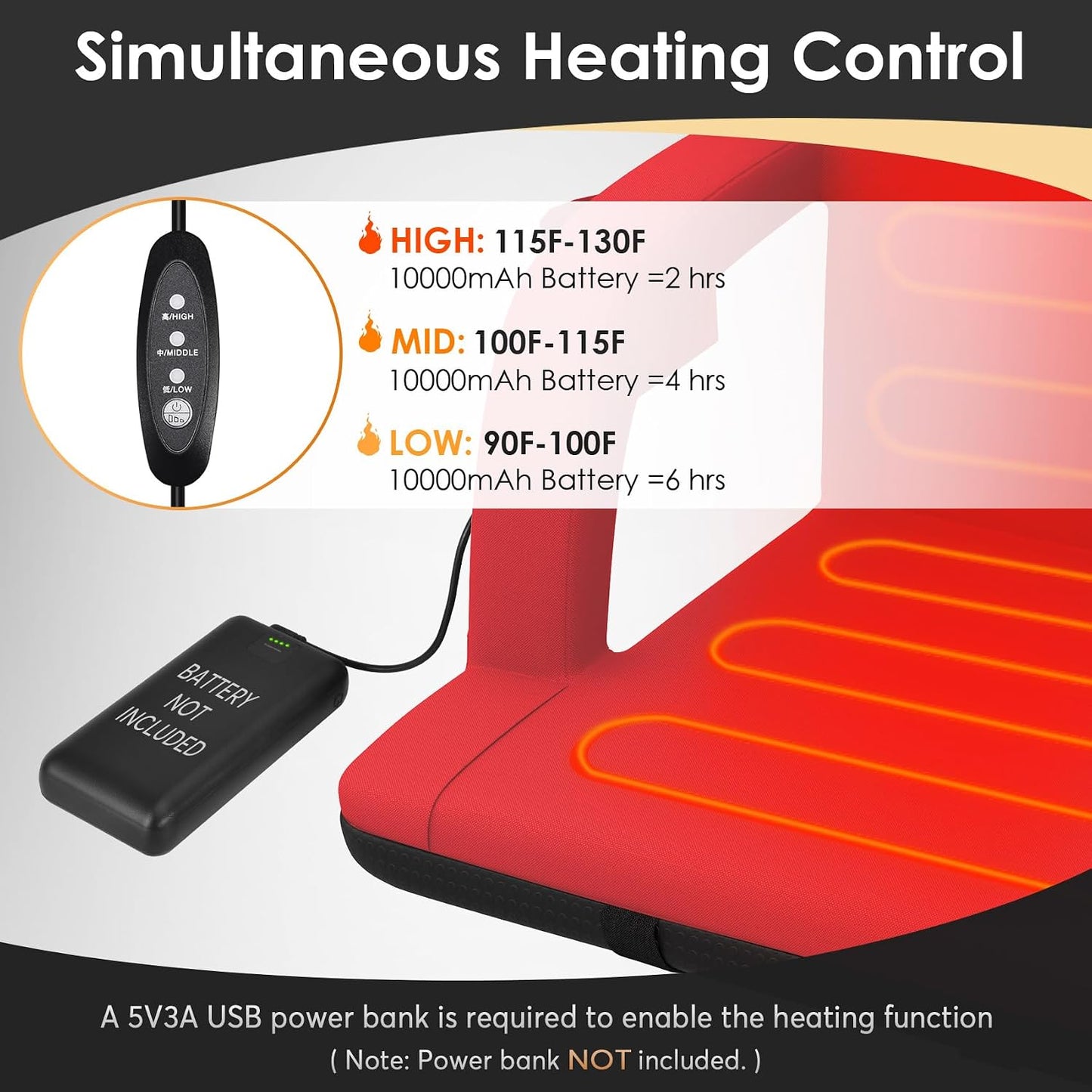 HOPERAN 21" Heated Stadium Seats for Bleachers with Back Support, Black 2PC | Seat & Back Heat Wired Control, 3 Heat Levels (NO Battery), Soft Cushion, 6 Recline, Anti-Slip, Side Pockets, Backpack Straps