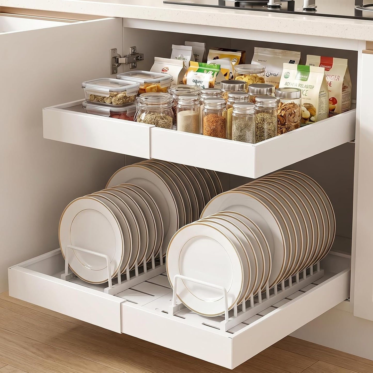 DOMNIU Pull Out Cabinet Organizers Expandable,White,16.9"Depth,2 Pack | Slide Out Drawers for Kitchen, Bathroom, Pantry, Under Sink Storage, Fixed with Adhesive Nano Film (11.6''-17.5'')
