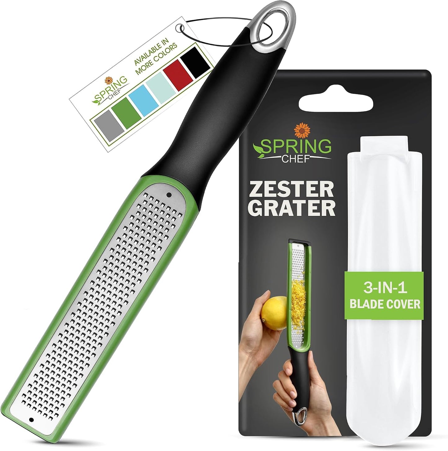Spring Chef Stainless Steel Lemon Zester - Garlic & Ginger Grater - Gray | Premium Zester with Blade Cover, Cheese Grater with Handle for Parmesan, Nutmeg, Lime - Durable Citrus Zester, Fine Shred