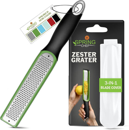 Spring Chef Stainless Steel Lemon Zester - Garlic & Ginger Grater - Gray | Premium Zester with Blade Cover, Cheese Grater with Handle for Parmesan, Nutmeg, Lime - Durable Citrus Zester, Fine Shred
