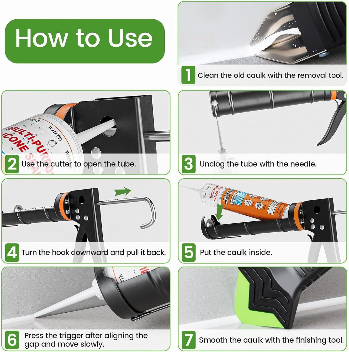 Professional Caulk Gun Kit with Caulk Remover & Silicone Sealant - 5 in 1 Caulking Tool Set for Caulking Removal, Includes Caulking Gun Tool, Silicone Scraper