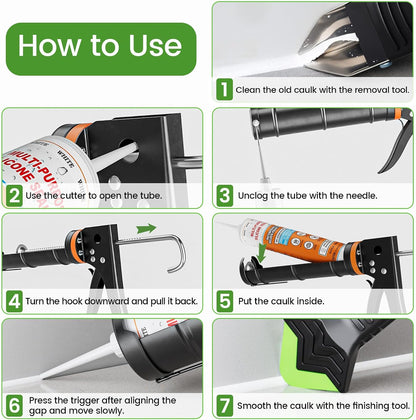 Professional Caulk Gun Kit with Caulk Remover & Silicone Sealant - 5 in 1 Caulking Tool Set for Caulking Removal, Includes Caulking Gun Tool, Silicone Scraper
