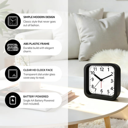 Loud Alarm Clock for Heavy Sleepers, 4.5" Simple Square Analog Alarm Clocks with Silent Movement Battery Operated Easy-to-Read Dial, Plastic Small Desk Clock for Bedroom Teens Seniors, Black