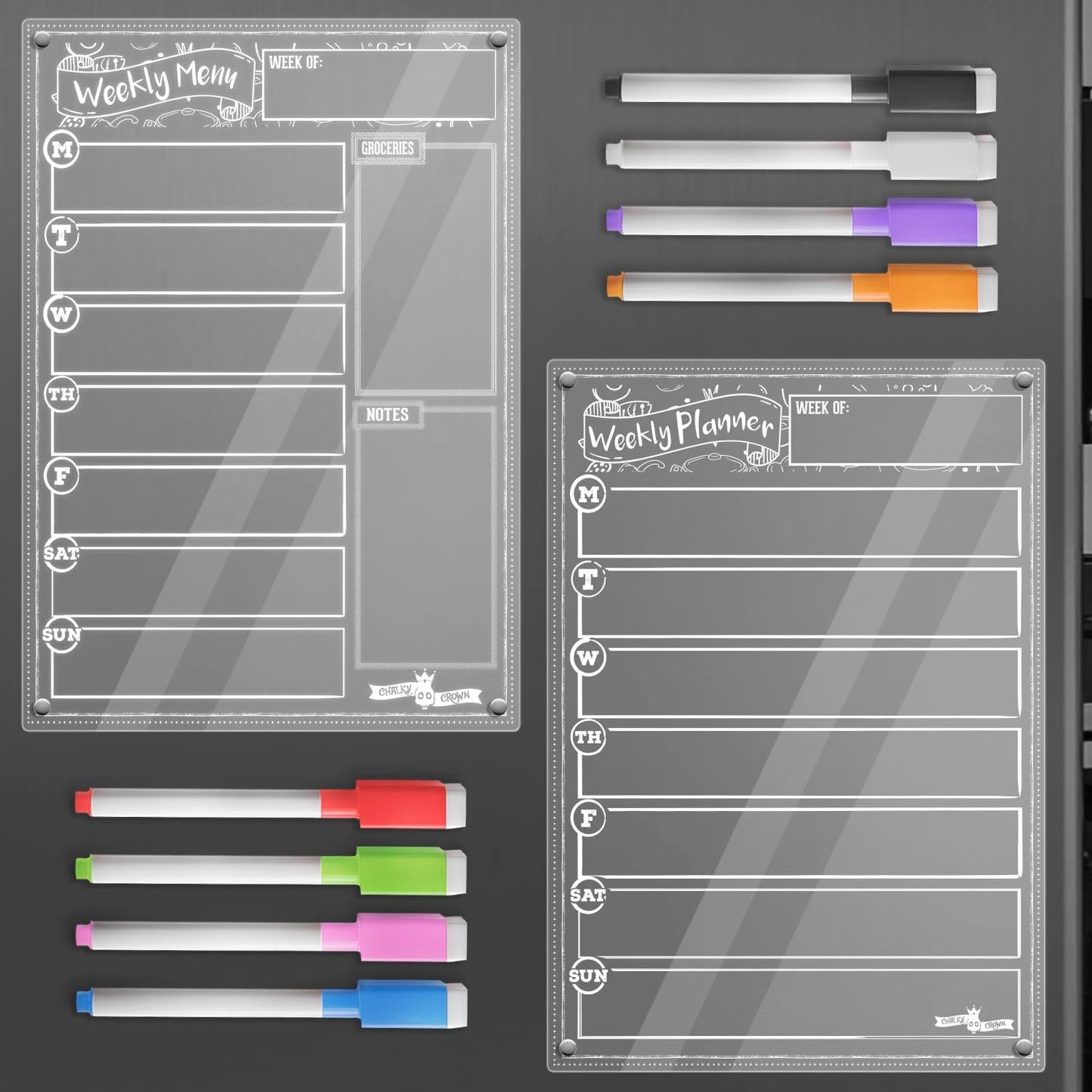 CHALKY CROWN Magnetic Dry Erase Menu Board - Black - 15.6" x 11.6" | Magnetic Weekly Meal Planner & Grocery List for Fridge - Includes 4 Liquid Chalk Markers - Easy to Write & Wipe Clean Design