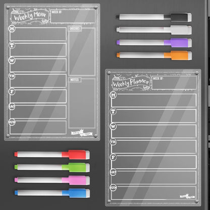 CHALKY CROWN Magnetic Dry Erase Menu Board - Black - 15.6" x 11.6" | Magnetic Weekly Meal Planner & Grocery List for Fridge - Includes 4 Liquid Chalk Markers - Easy to Write & Wipe Clean Design