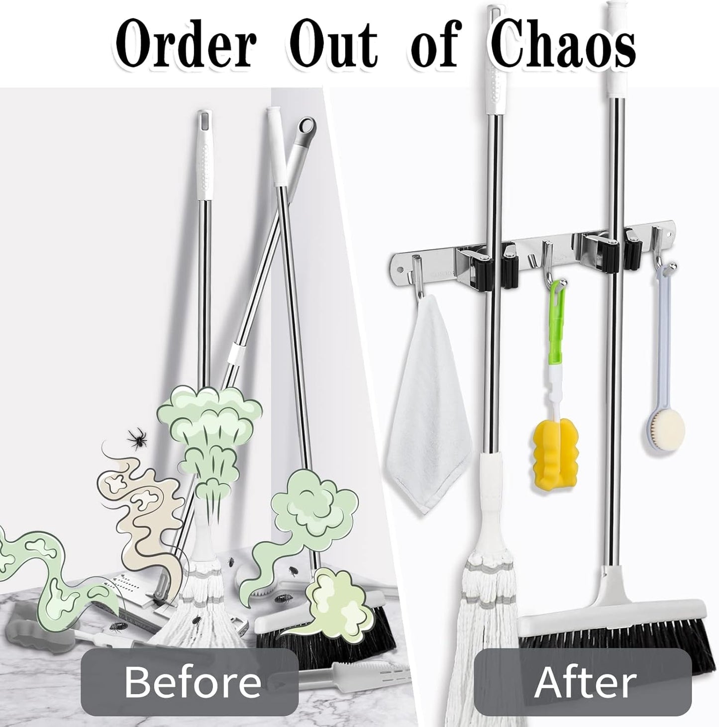 AceMining Broom Holder Wall Mount, 5 Racks 4 Hooks Heavy Duty Mop Organizer | Mop Holder Wall Mount and Broom Hanger for Garage, Laundry Room, Kitchen and Utility Storage