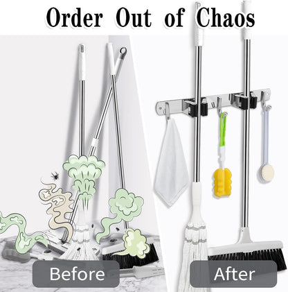 AceMining Broom Holder Wall Mount, 5 Racks 4 Hooks Heavy Duty Mop Organizer | Mop Holder Wall Mount and Broom Hanger for Garage, Laundry Room, Kitchen and Utility Storage