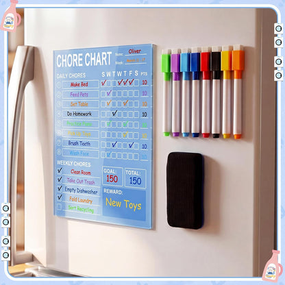 Eaasty Acrylic Magnetic Chore Chart Dry Erase Acrylic Board 8.66" x 11.8" Daily Chore Planner to Do List Reward Responsibility Chart with Magnetic Markers and Board Eraser for Home Refrigerator (Blue)