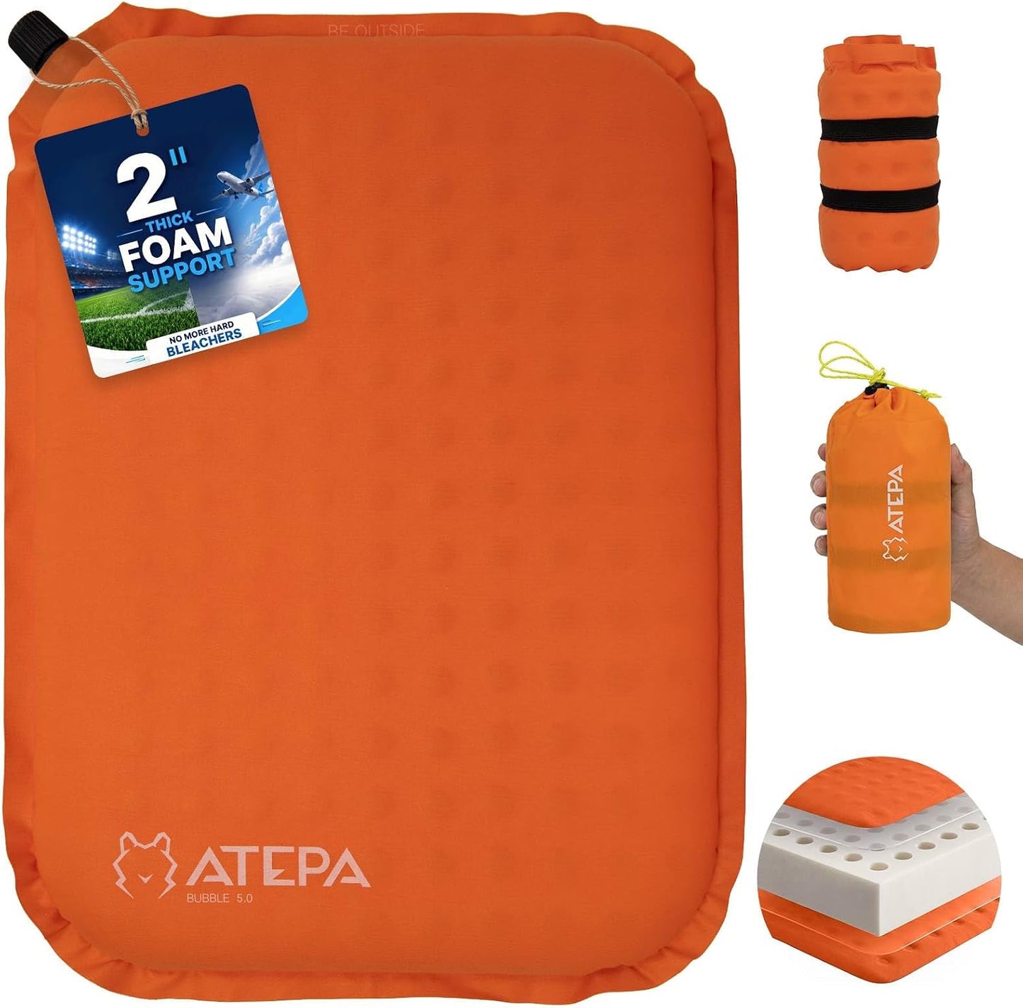 ATEPA Inflatable Seat Cushion | 2" & 2.5" foam core seat pad, Self inflating, Compact, Stadium, Airplane, Travel, Camping, Hiking, Sports events