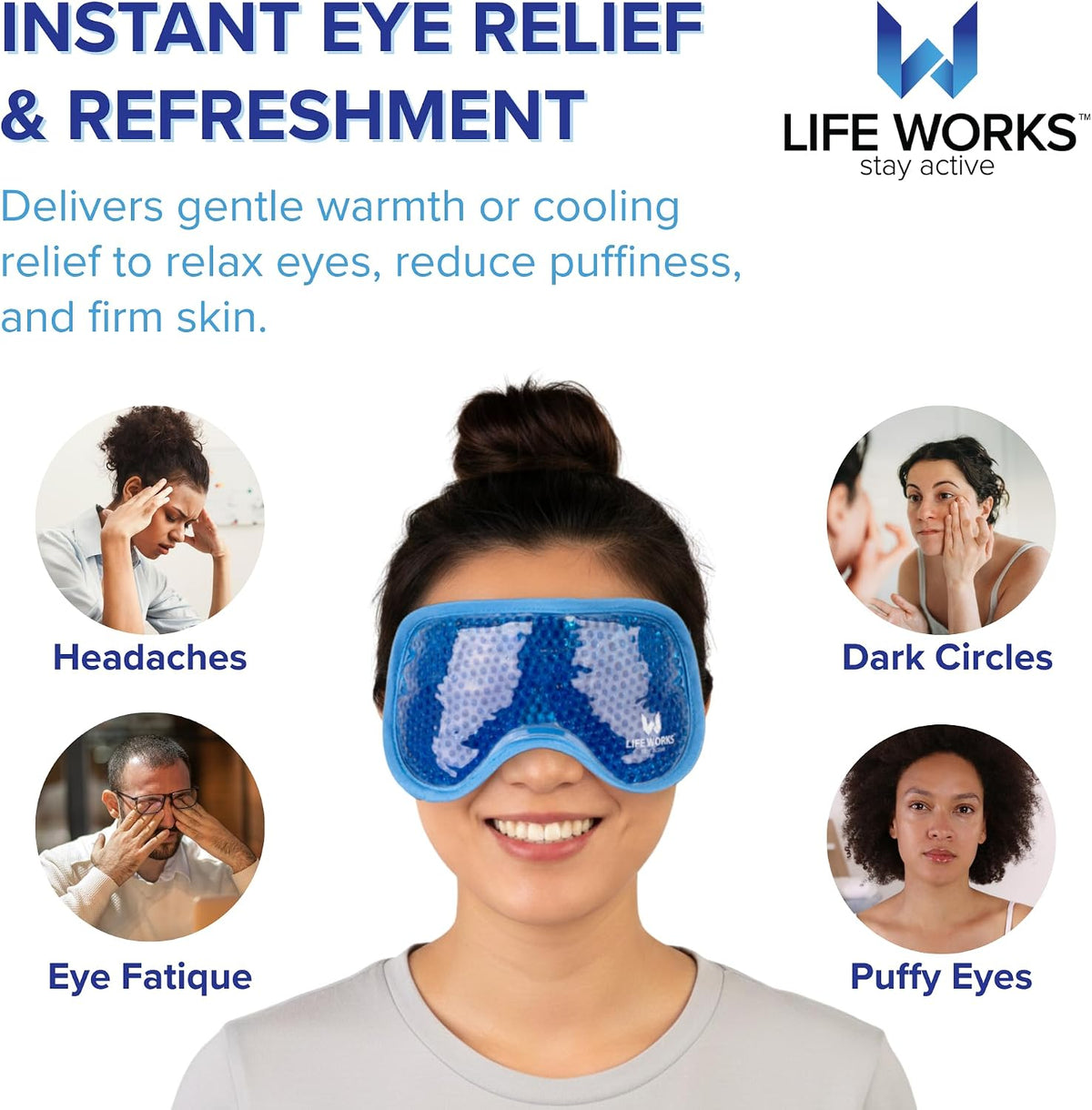 LIFE WORKS Gel Eye Mask with Cutout, Reusable, Hot or Cold, Blue