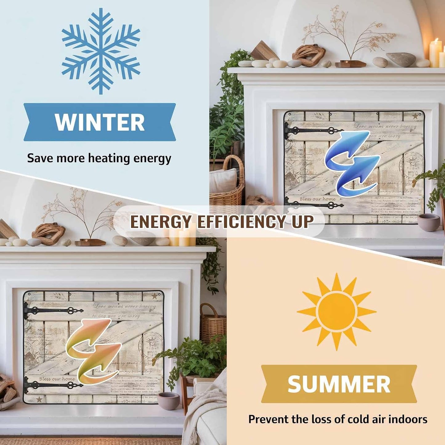 Magnetic Fireplace Cover Barn Gate Fireplace Screen Decorative Farmhouse Wood Grain Walls Door Insulation Fireplace Blocker Save Energy Fireplace Draft Stopper Covers for Living Room 36x30 Inch