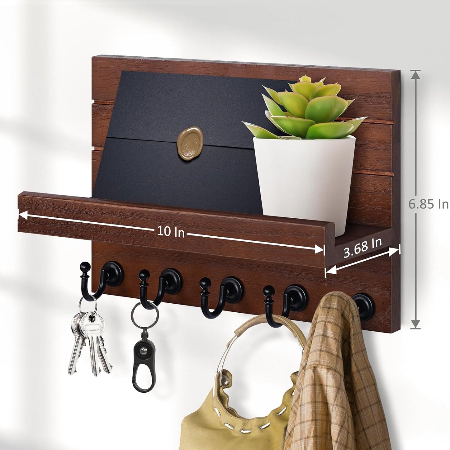 HONJIN Key Holder Wall Mount with Shelf and 5 Sturdy Key Hooks (White) | Key and Mail Holder Wall Mount, Wooden Entryway Organizer and Decorative, Easy Installation, 10*3.8*6.85 Inch