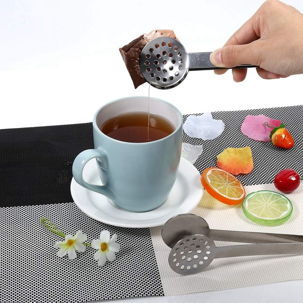 Pssopp Tea Bag Tongs Stainless Steel Teabag Squeezer Tool 2pcs 6.1in Round Grip Holder with Solid and Strainer Plates for Removing Tea Bags Lemon Slices in Kitchen Bar