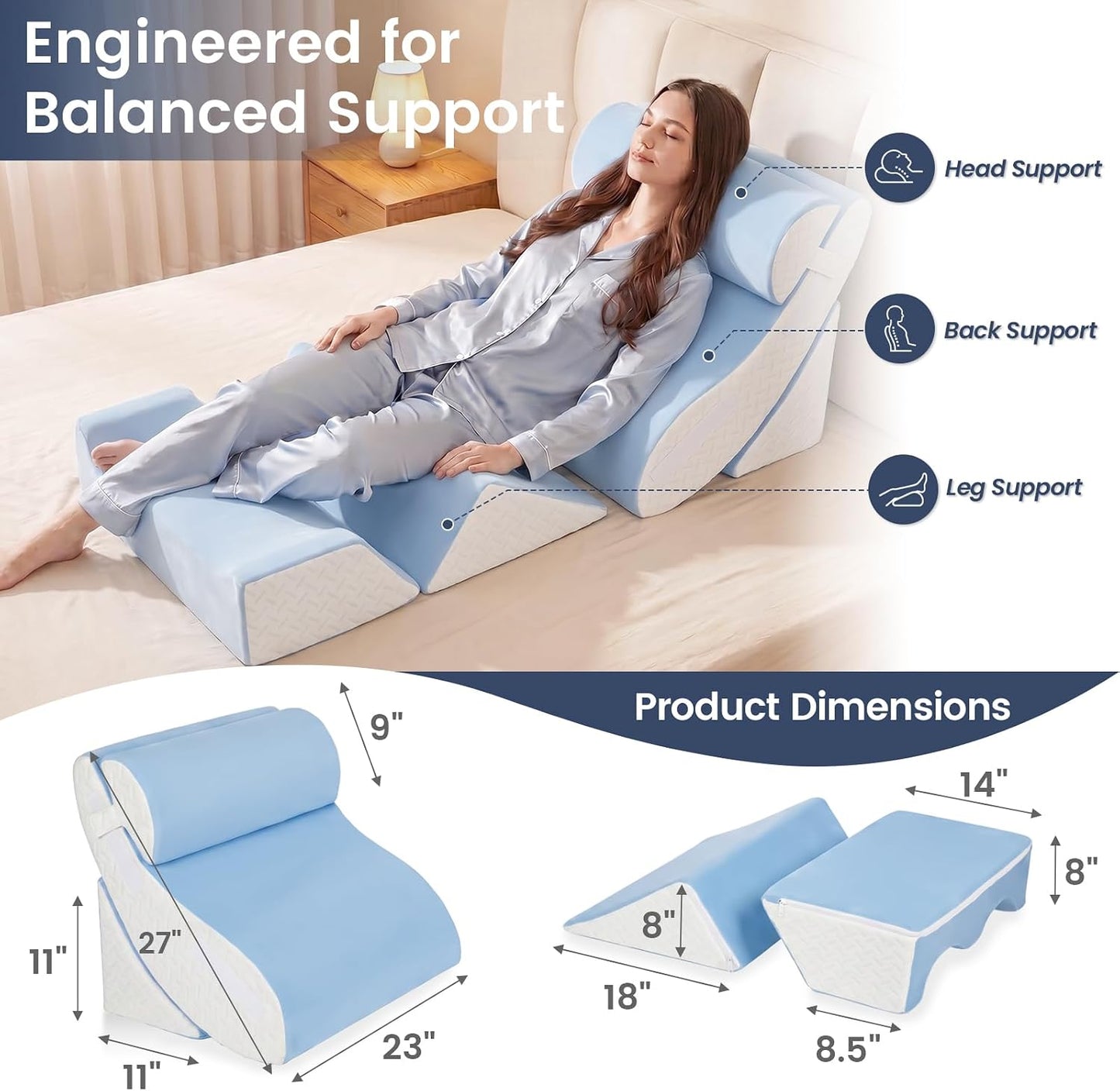 5PCS Wedge Pillow Set for After Surgery, Adjustable Orthopedic Foam Bed Wedge Pillow for Acid Reflux, GERD & Heartburn Relief, Back & Leg Elevation Support for Sleeping & Sitting Up, White Grey