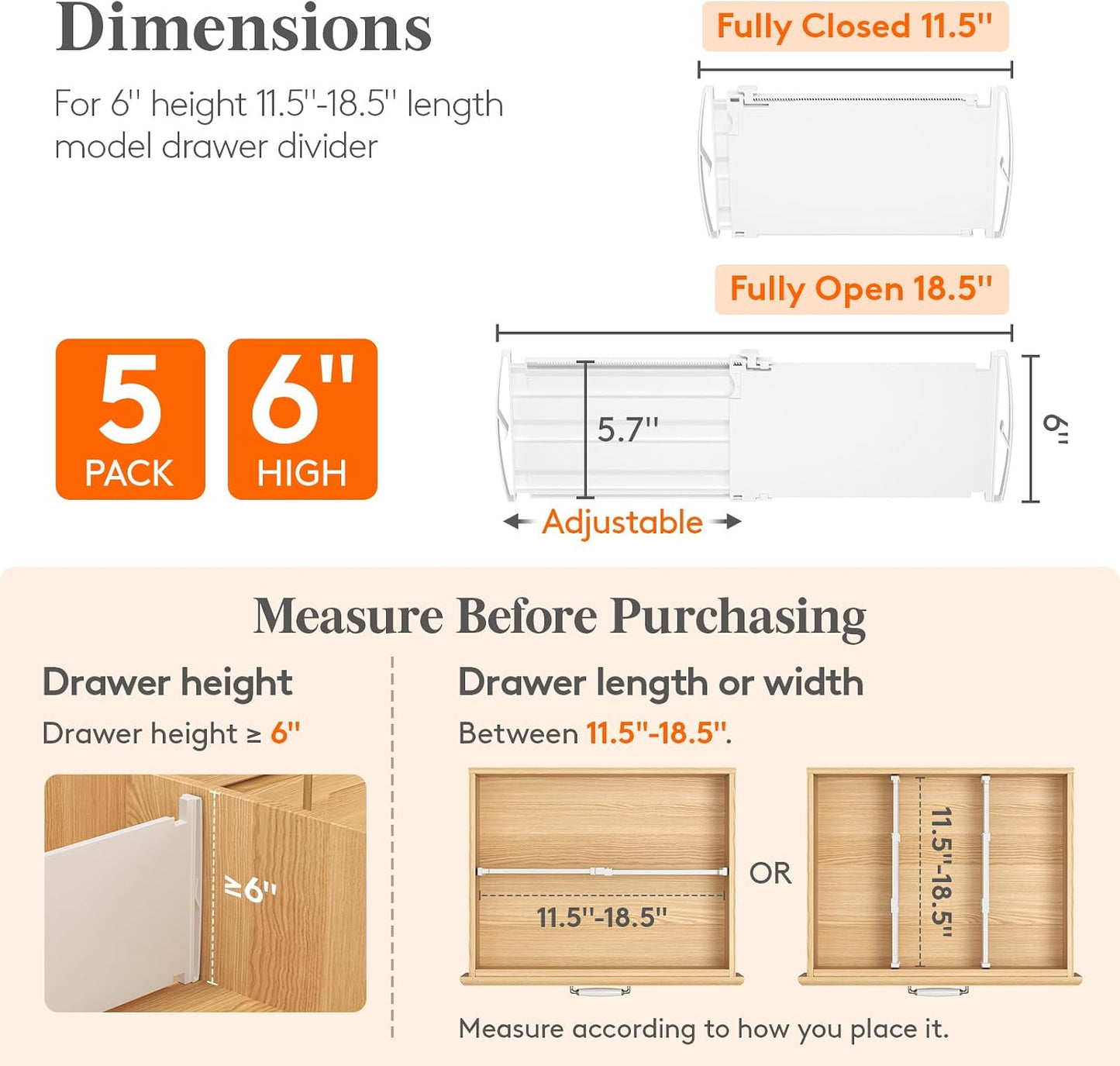 Lifewit 8" Tall Drawer Dividers, Adjustable Deep Drawer Organizer Clothes | 4 Pack 13.8"-22.2" Expandable White Plastic Separators for Dresser, Kitchen, Cabinet, Closet, Office Organization & Storage