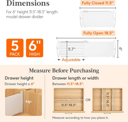 Lifewit 8" Tall Drawer Dividers, Adjustable Deep Drawer Organizer Clothes | 4 Pack 13.8"-22.2" Expandable White Plastic Separators for Dresser, Kitchen, Cabinet, Closet, Office Organization & Storage