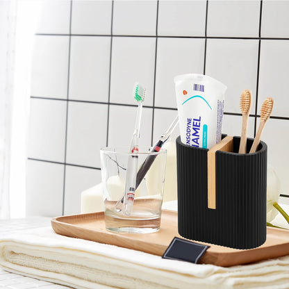 Toothbrush Holders for Bathroom, Bamboo Electric Toothbrush Stand, White | Toothbrush and Toothpaste Organizer for Sink Countertop, Bathroom Storage Stand for Brushing Accessories