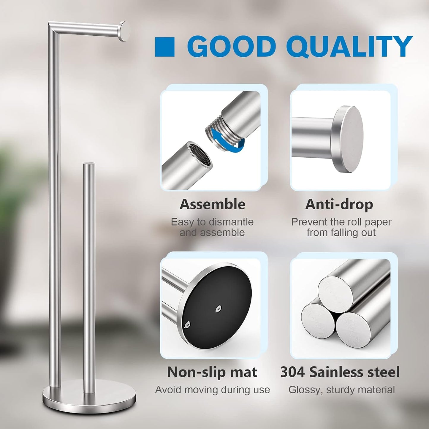 Toilet Paper Holder Stand, Brushed Nickel Toilet Paper Holder Free Standing | Stainless Steel Toilet Paper Holder for 4 Rolls, Bathroom Organizers and Storage with Anti-Slip Base and Rustproof