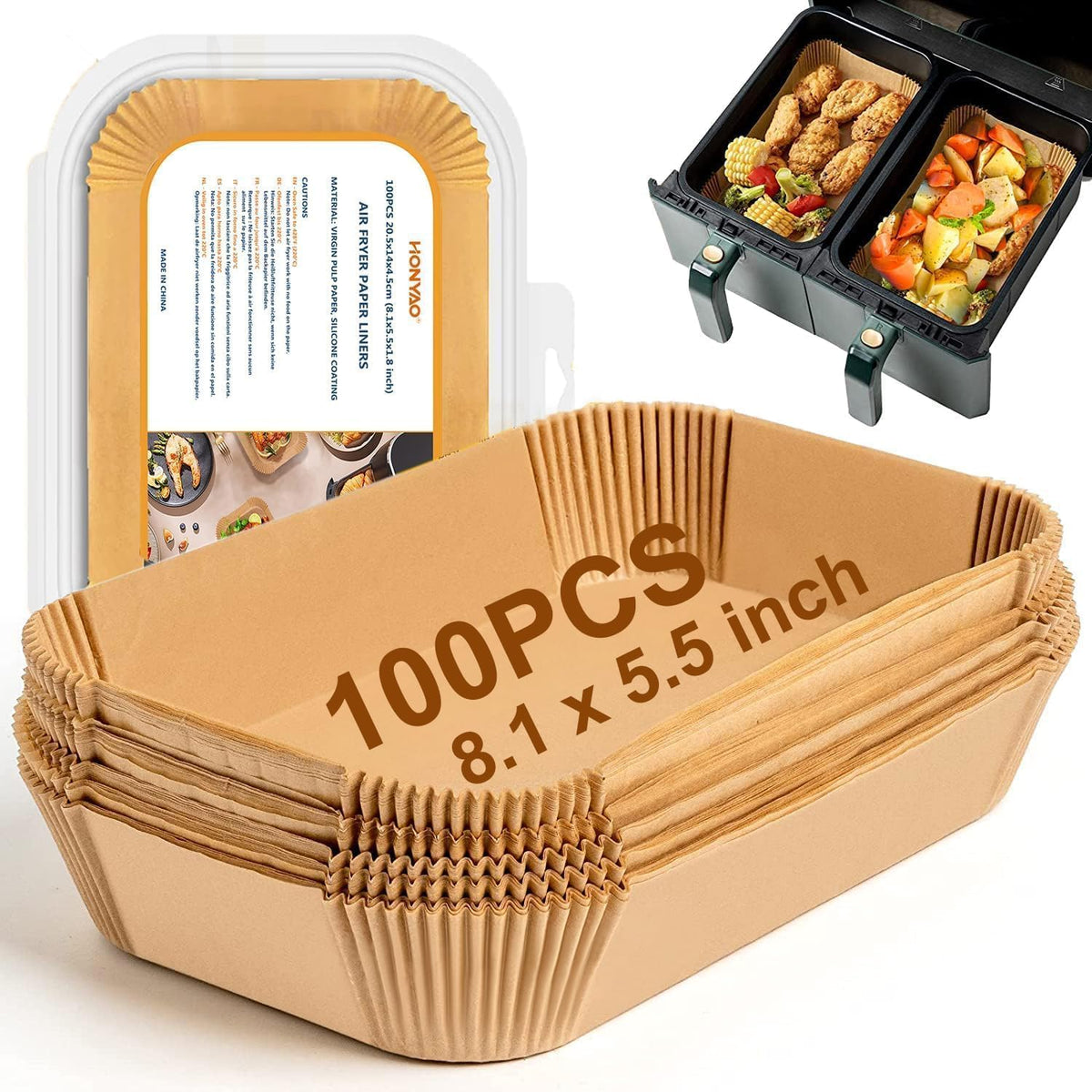 HONYAO Air Fryer Paper Liners for Dual Zone Airfryer, 8.1x5.5 inch