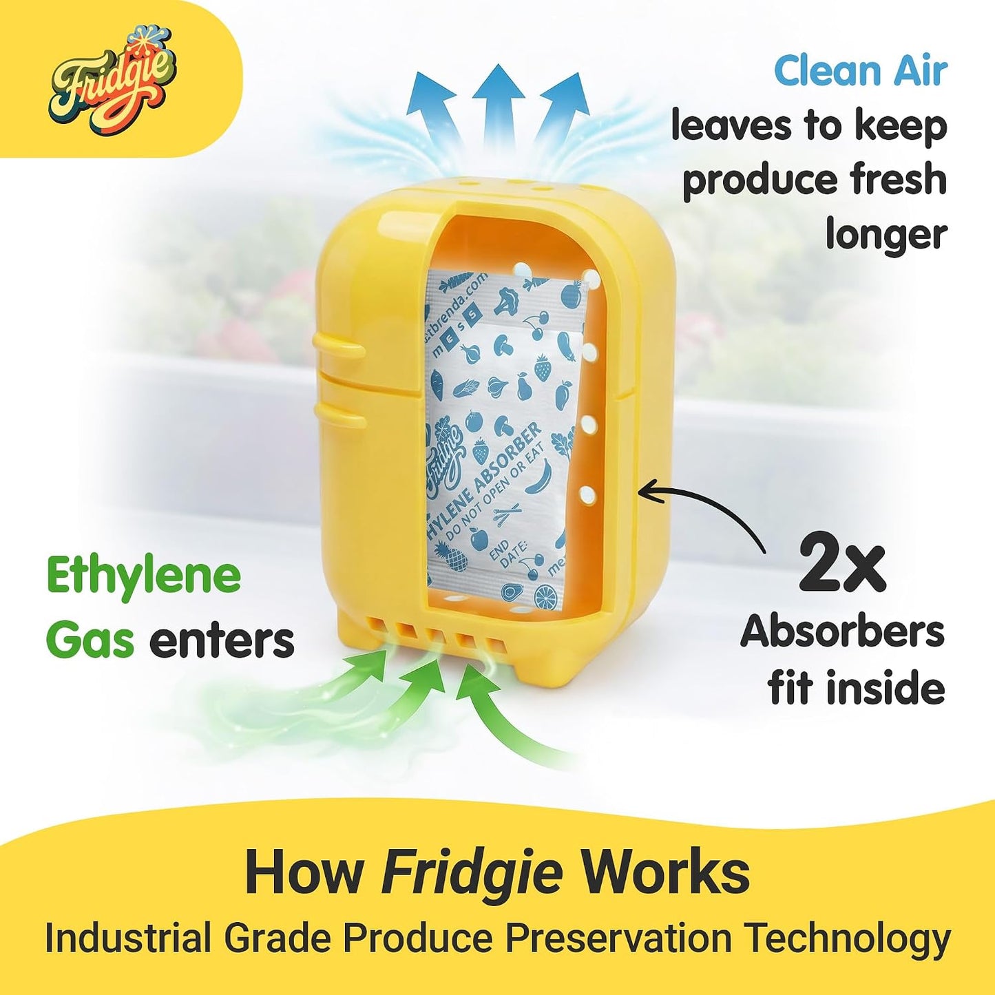 Fridgie Produce Saver, Ethylene Gas Absorber, Fridge Lettuce Keeper - Blue | 4 refill packets, lasts up to 1 year, slows ripening, reduces food waste, crisper drawer, protects berries, herbs, greens