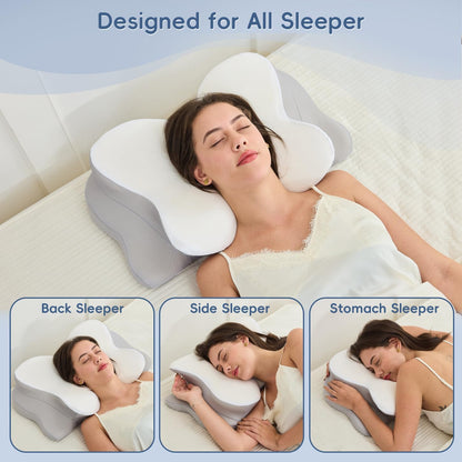 Cervical Neck Pillow, Memory Foam Pillow with Dual Height, White | Ergonomic Pillow for Neck Pain Relief, Breathable Cover,Neck Support Pillow for Side Back & Stomach Sleepers, Odorless