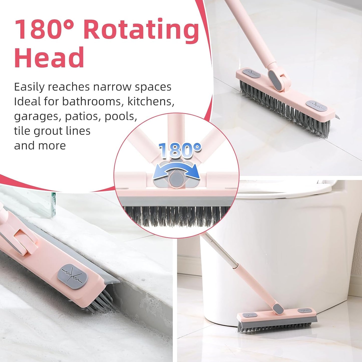Floor Scrub Brush with Long Handle,Squeegee, Grout Brush | V-Shaped Stiff Bristles, For Tile Line, Bathroom, Crevice, Deck, Swimming Pool, Kitchen, Garage, Yard
