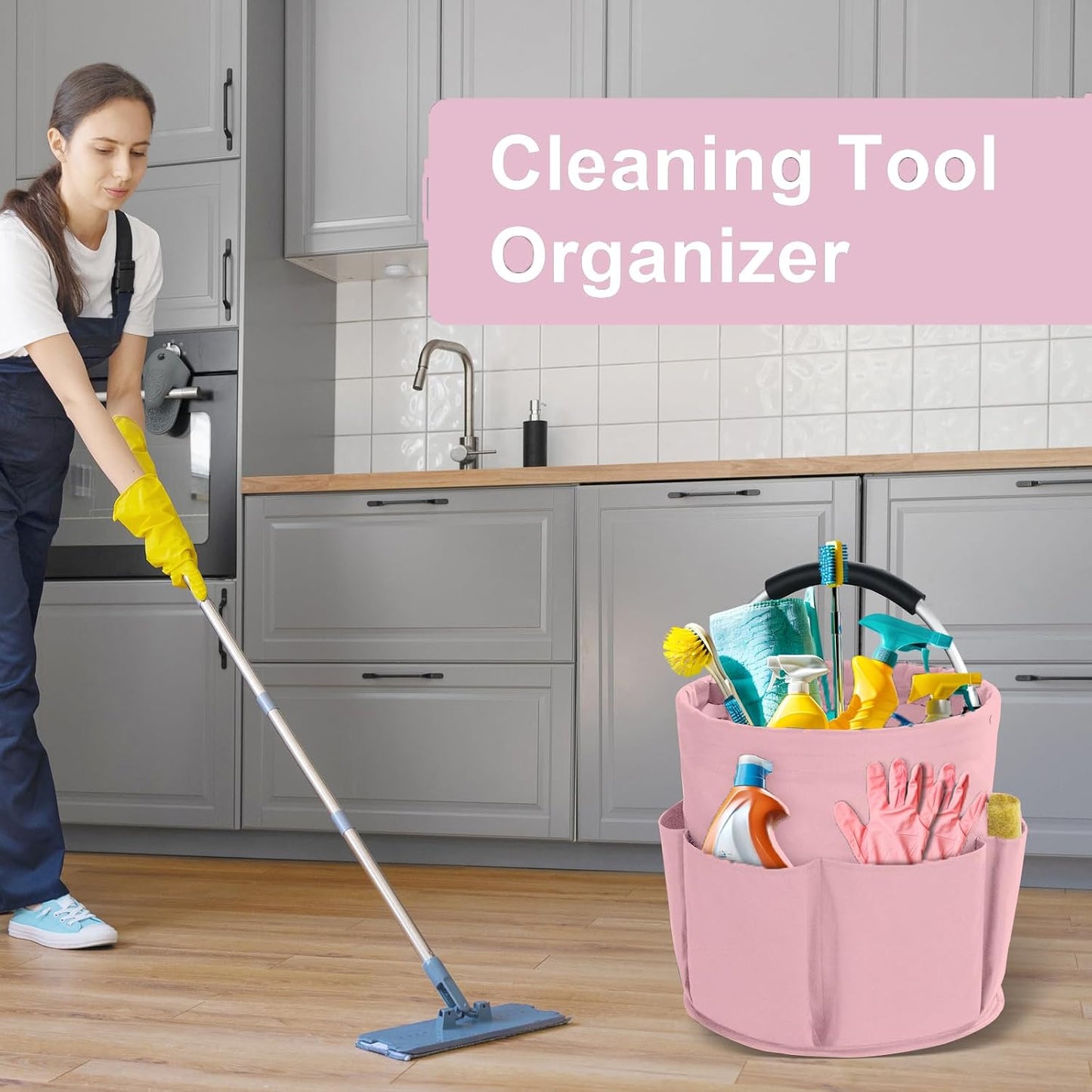 Cleaning Caddy with Handle, Cleaning Products Organiser, 17L Foldable Storage Basket, Cleaning Caddy Organiser, Portable Multi Cleaning Bucket Bag for Home, Garden (Black)
