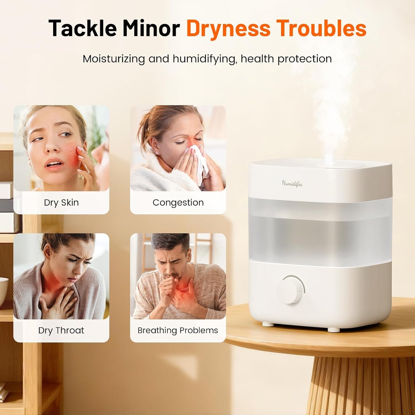 Humidifiers for Bedroom, 2L Top Fill Cool Mist Humidifier, 20dB Quiet ﻿ | 2L top-fill tank, dual 360° nozzles, 20dB quiet operation, stepless mist control, 7-color light, and low-water auto shut-off