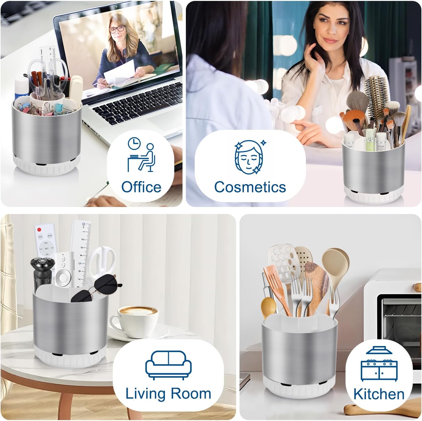 GFWARE Rotating Silver Toothbrush Holder for Bathroom Organizer, Drainage | Detachable 6 Slots Kids Electric Toothbrush and Toothpaste Holder, Bathroom Countertop Sink Storage Caddy