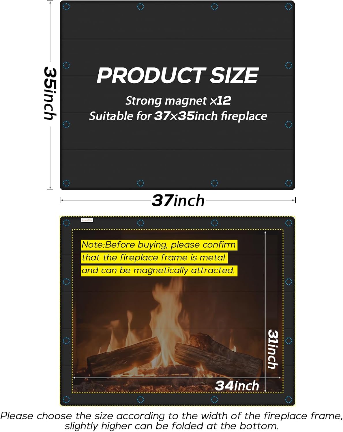 PAWBOSE Magnetic Fireplace Cover - Stop Heat Loss & Keep Drafts Out with Built-in 12 Strong Magnets for Iron Fireplace Frame, 39x32 Inch